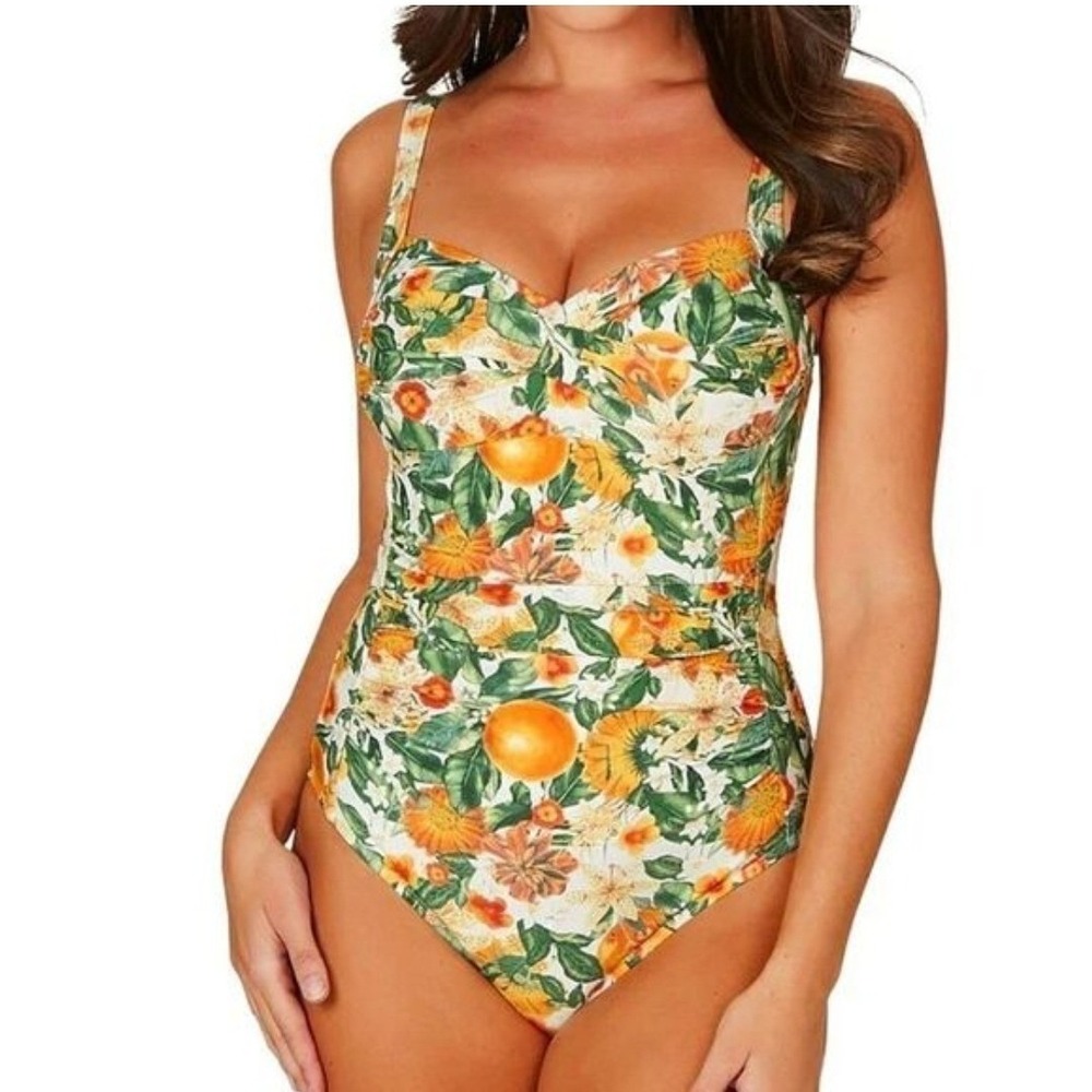 Nip Tuck Swim Womens Size 4 One Piece Swimsuit Orange Citrus Floral Ruched